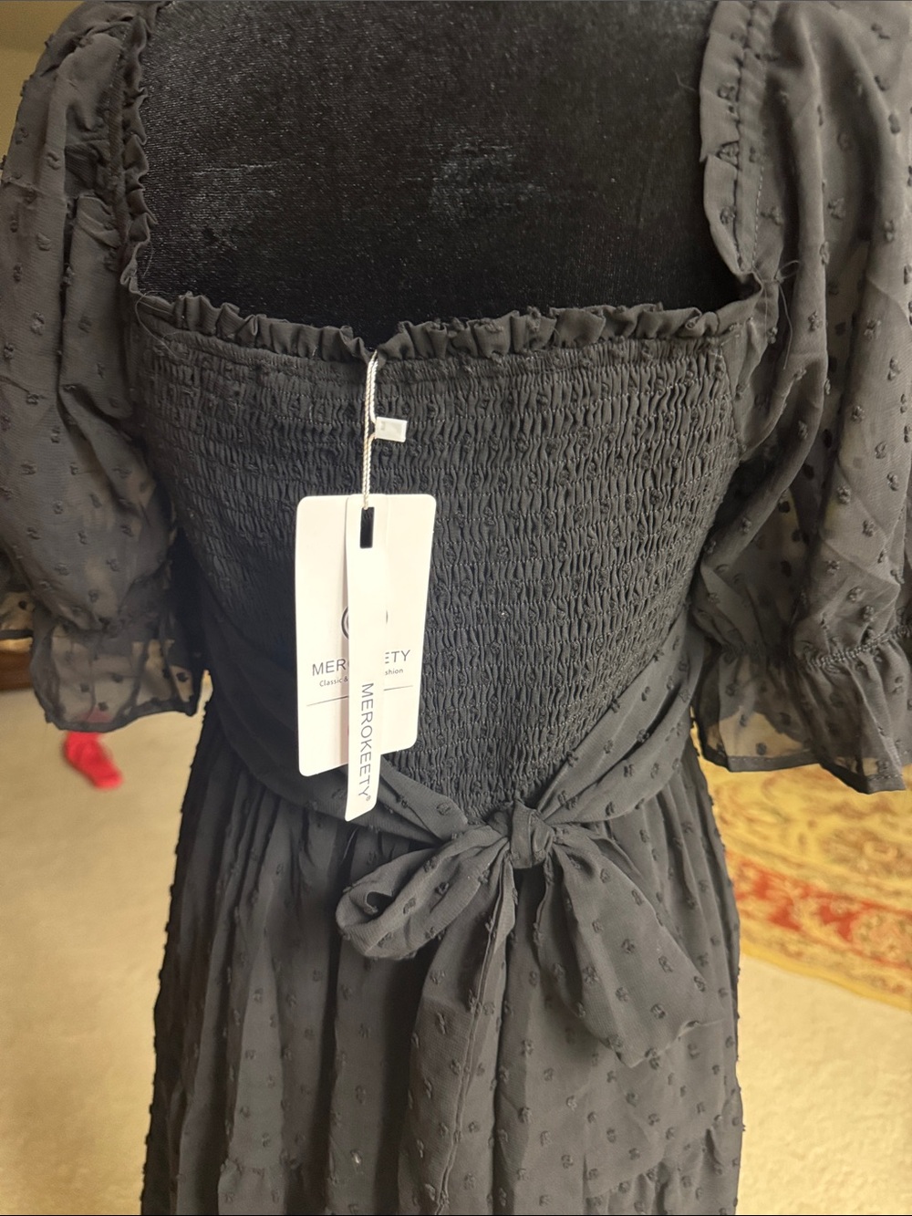 Merokeety Black Swiss Dot Smocked Midi Dress size S NWT